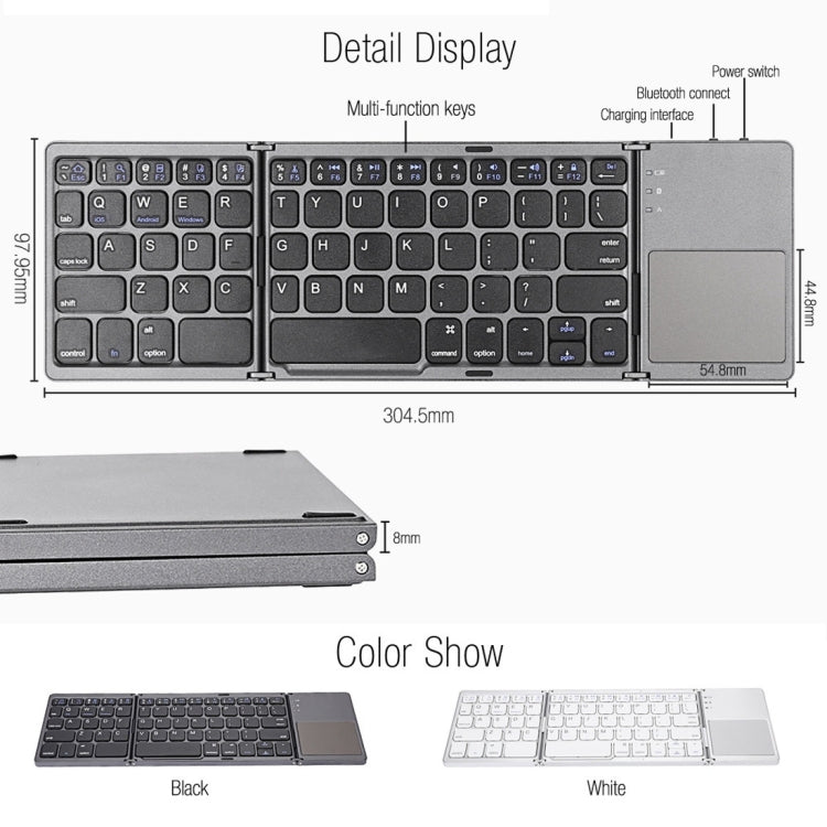 B033 Rechargeable 3-fold foldable 64 Keys Bluetooth Wireless Keyboard with Touchpad (Silver)