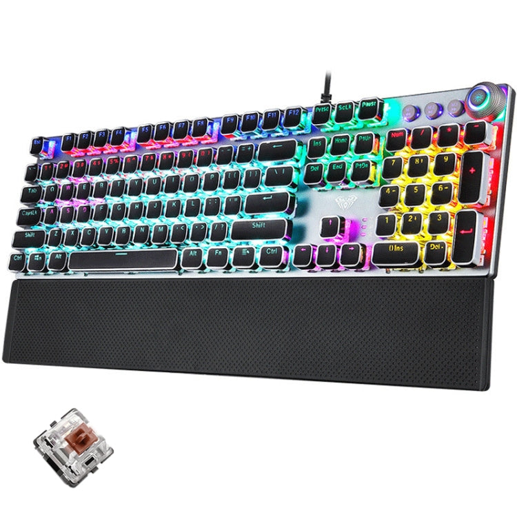 AULA F2088 108 Keys Mixed Light Plating Punk Mechanical Brown Switch Wired USB Gaming Keyboard with Metal Key (Silver)
