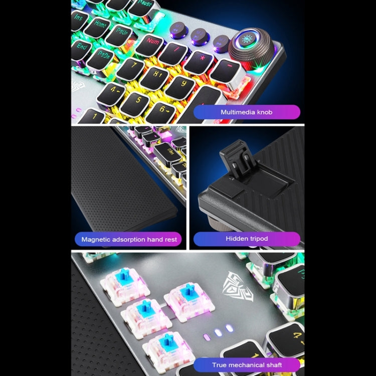 AULA F2088 108 Keys Mixed Light Plating Punk Mechanical Brown Switch Wired USB Gaming Keyboard with Metal Key (Silver)
