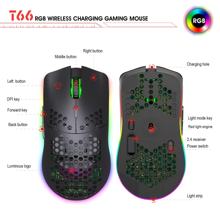 HXSJ T66 7 Button Colorful Lighting Programmable Gaming Wireless Mouse (White)