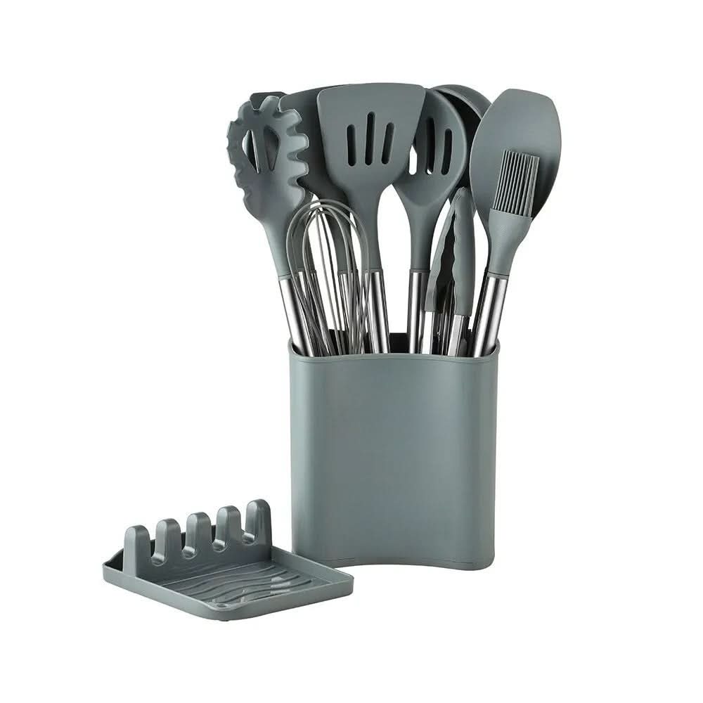 Heat-resistant 11-piece kitchen tool set with wood handle look
