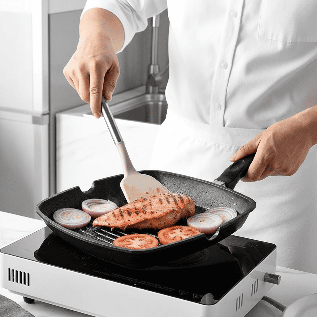 Kitchen utensil set in wood look with soft silicone tips