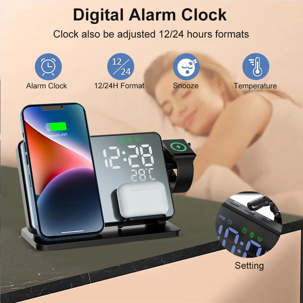 3-in-1 Quick Charge Station | Premium Wireless Fast Charging Docking Station with Alarm Clock | for Apple iPhone, Watch & AirPods