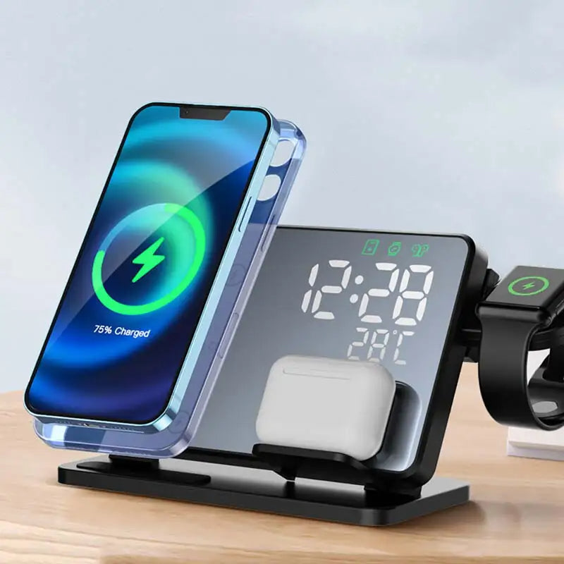 3-in-1 Quick Charge Station | Premium Wireless Fast Charging Docking Station with Alarm Clock | for Apple iPhone, Watch & AirPods