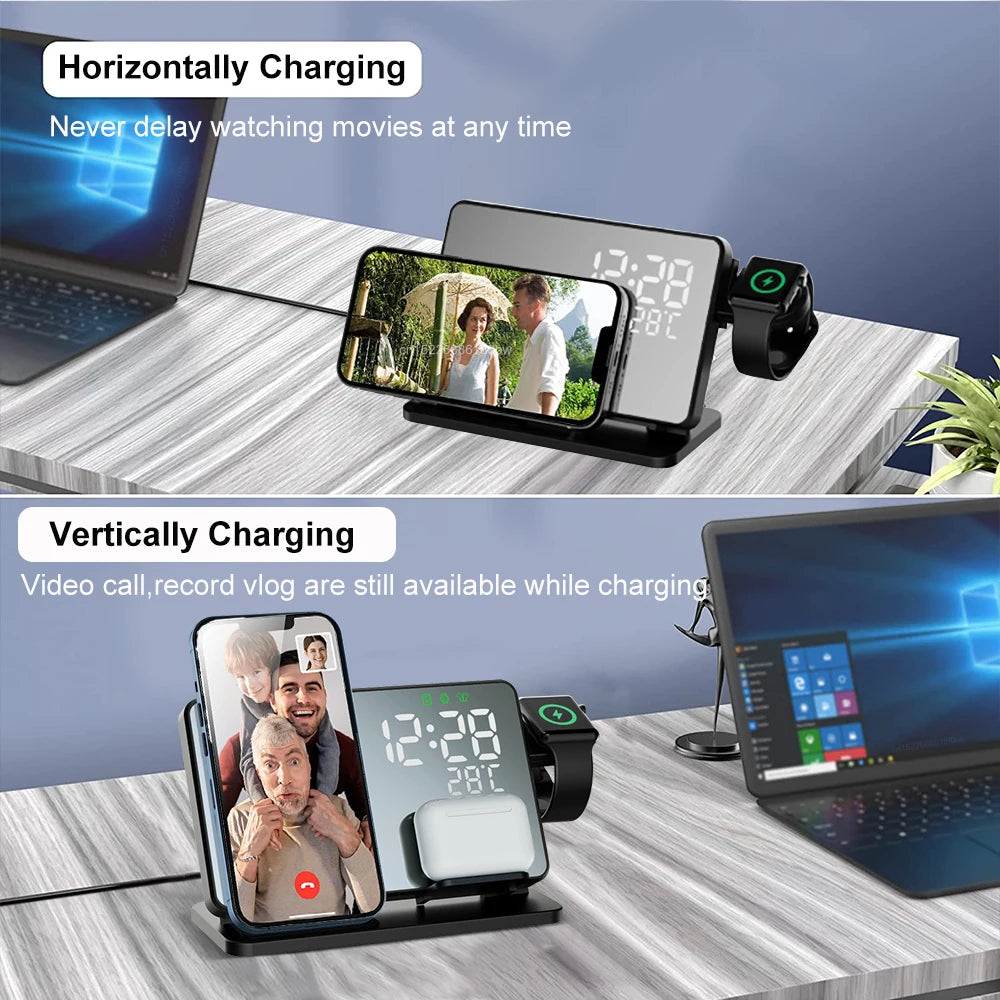 3-in-1 Quick Charge Station | Premium Wireless Fast Charging Docking Station with Alarm Clock | for Apple iPhone, Watch & AirPods
