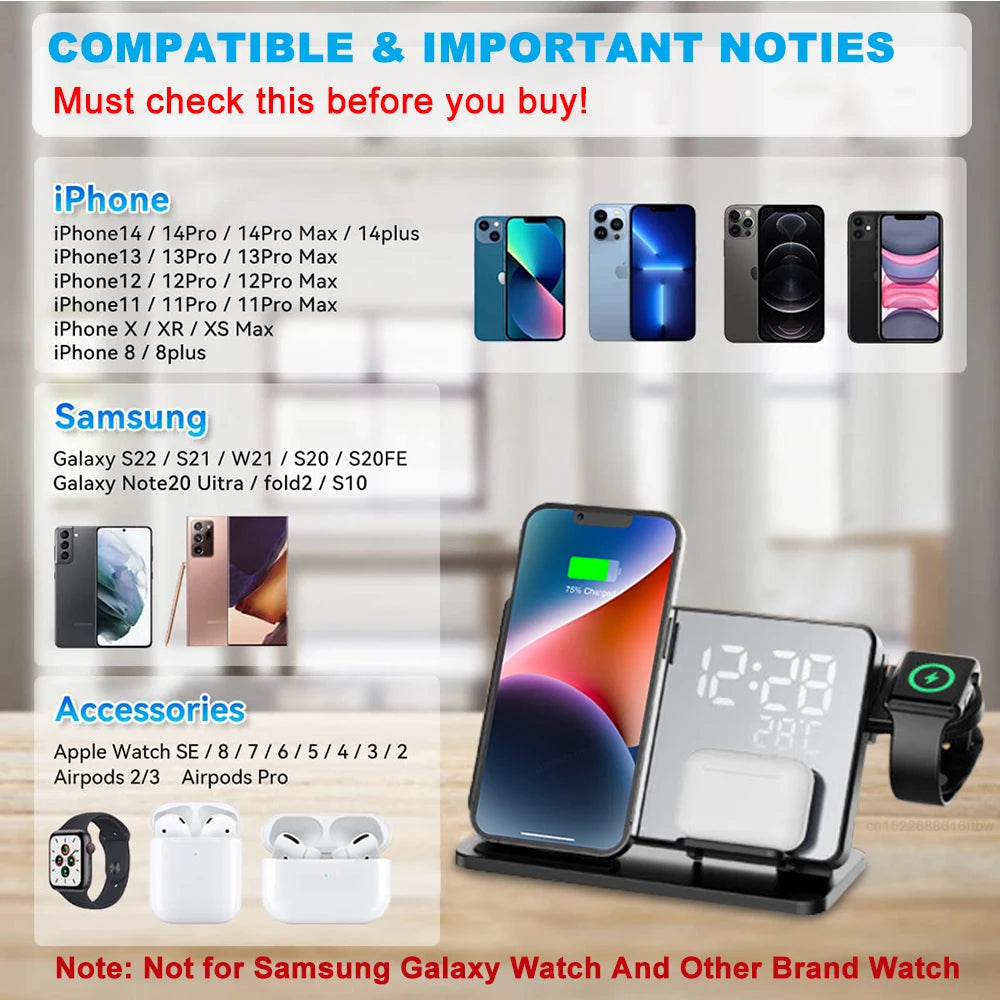 3-in-1 Quick Charge Station | Premium Wireless Fast Charging Docking Station with Alarm Clock | for Apple iPhone, Watch & AirPods