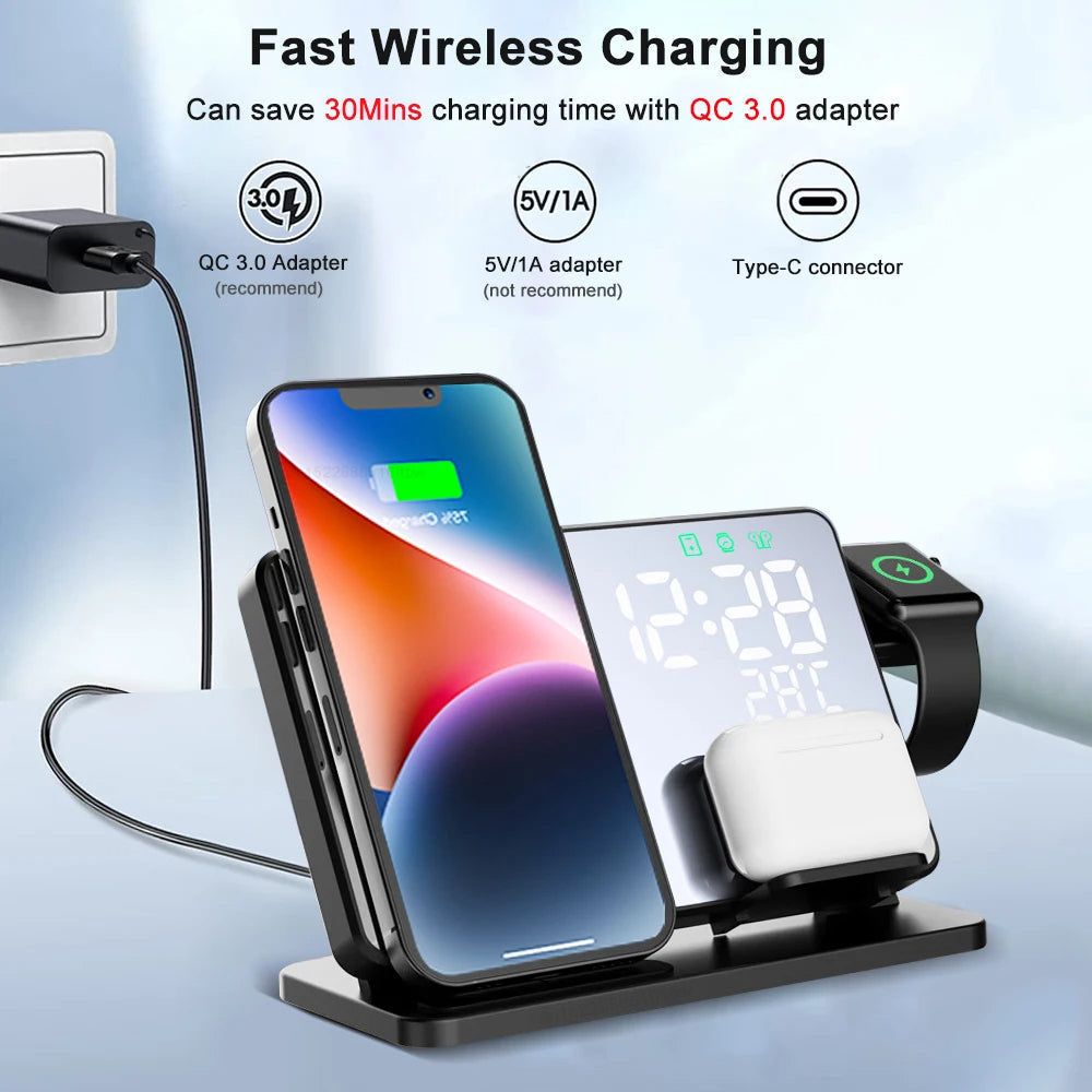 3-in-1 Quick Charge Station | Premium Wireless Fast Charging Docking Station with Alarm Clock | for Apple iPhone, Watch & AirPods