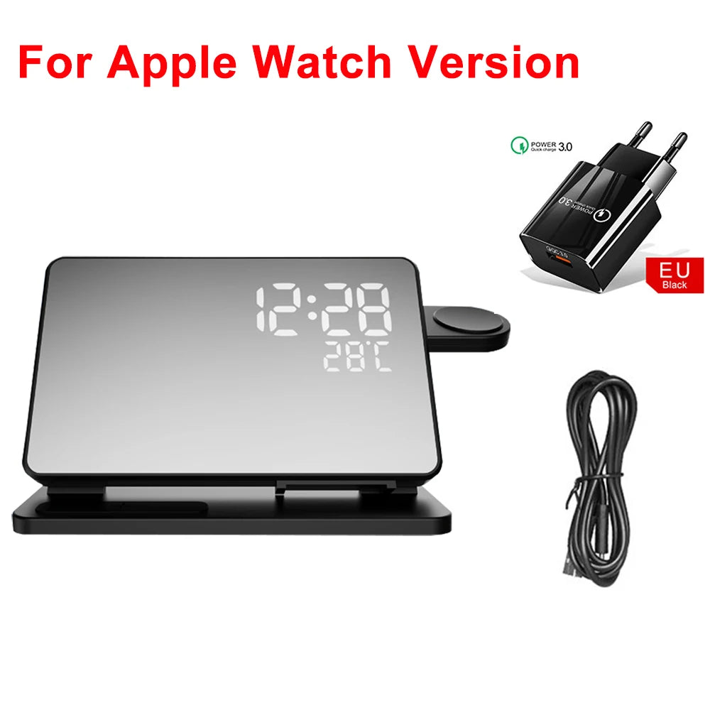 3-in-1 Quick Charge Station | Premium Wireless Fast Charging Docking Station with Alarm Clock | for Apple iPhone, Watch & AirPods