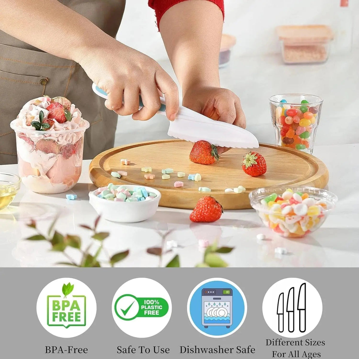 Child-friendly kitchen set with knife, peeler & board