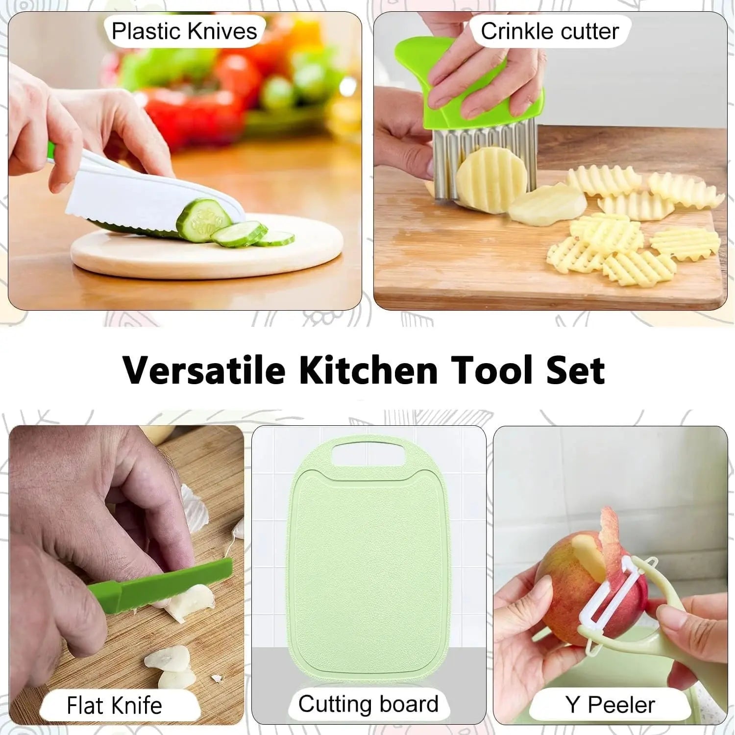 Child-friendly kitchen set with knife, peeler & board