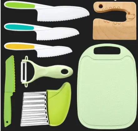 Child-friendly kitchen set with knife, peeler & board