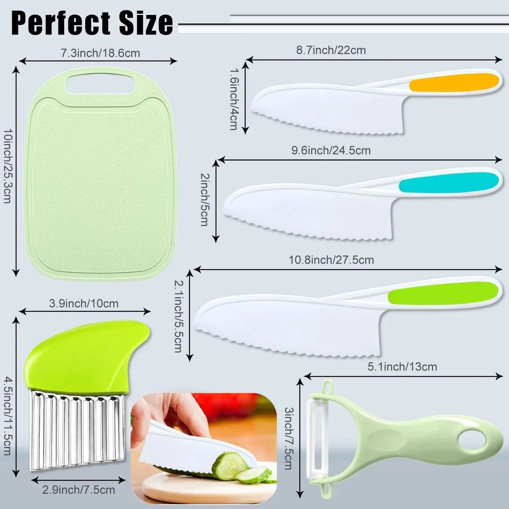Child-friendly kitchen set with knife, peeler & board