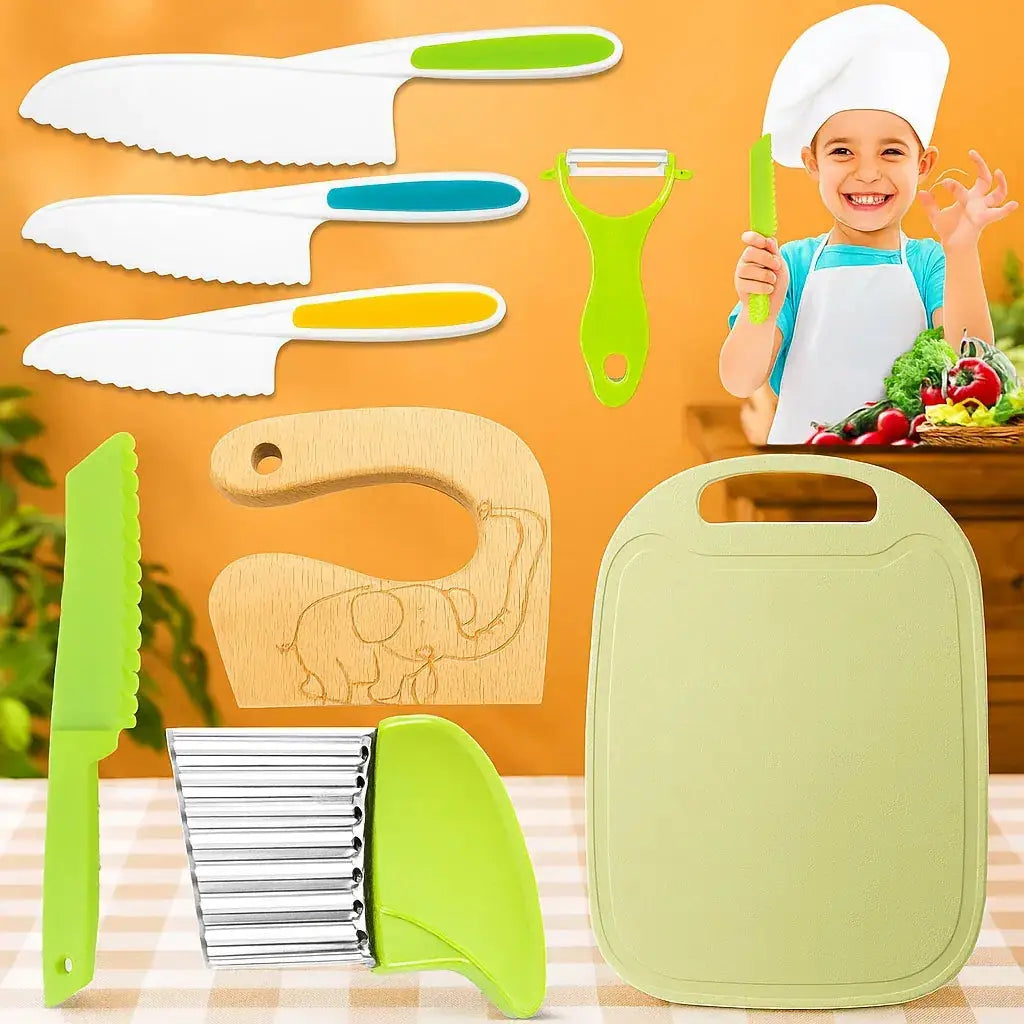 Child-friendly kitchen set with knife, peeler & board