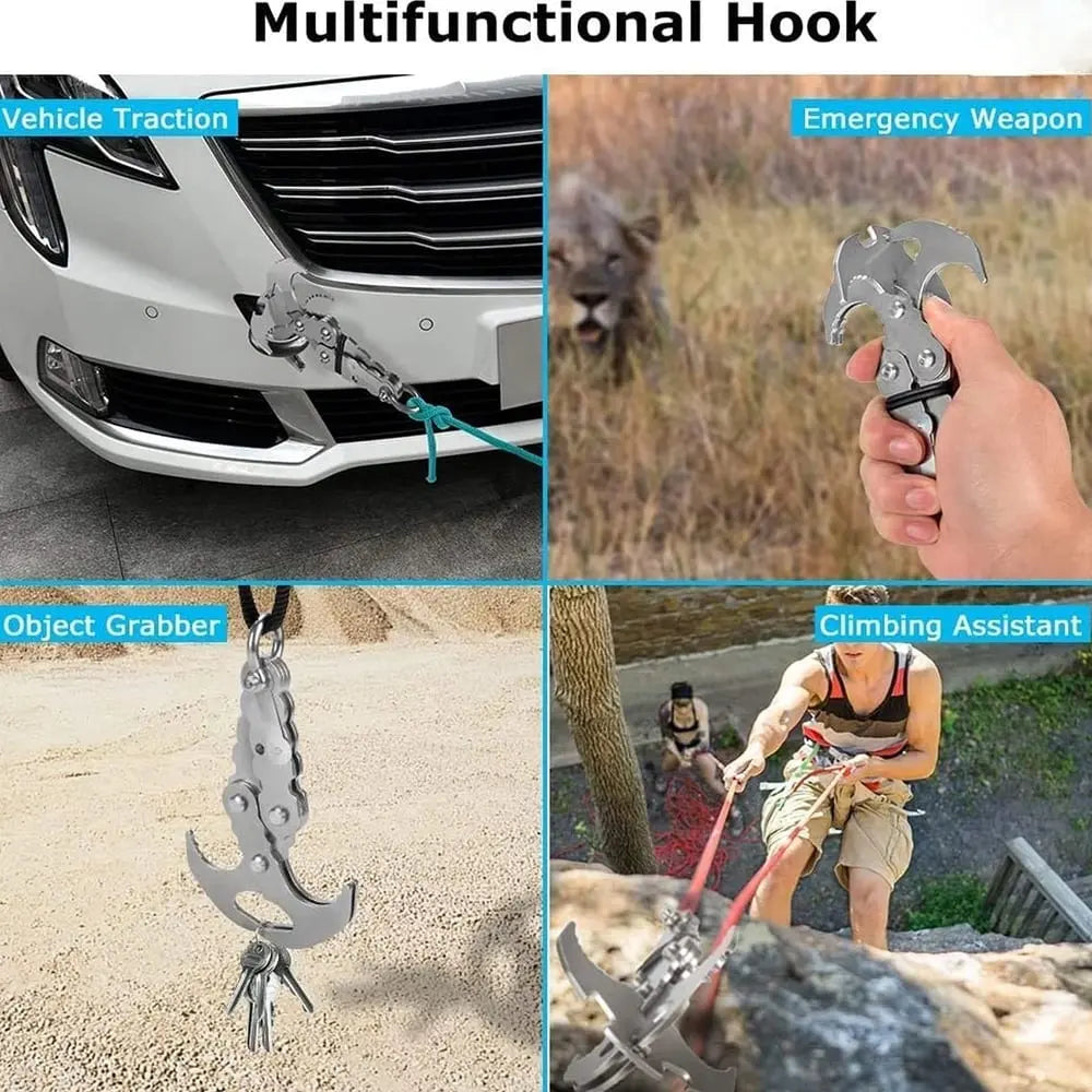 Compact stainless steel multi-purpose outdoor hook with auto-grip claw