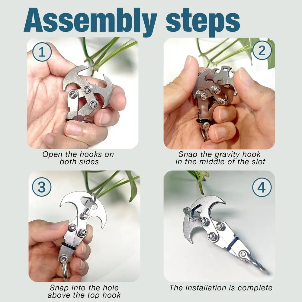 Compact stainless steel multi-purpose outdoor hook with auto-grip claw