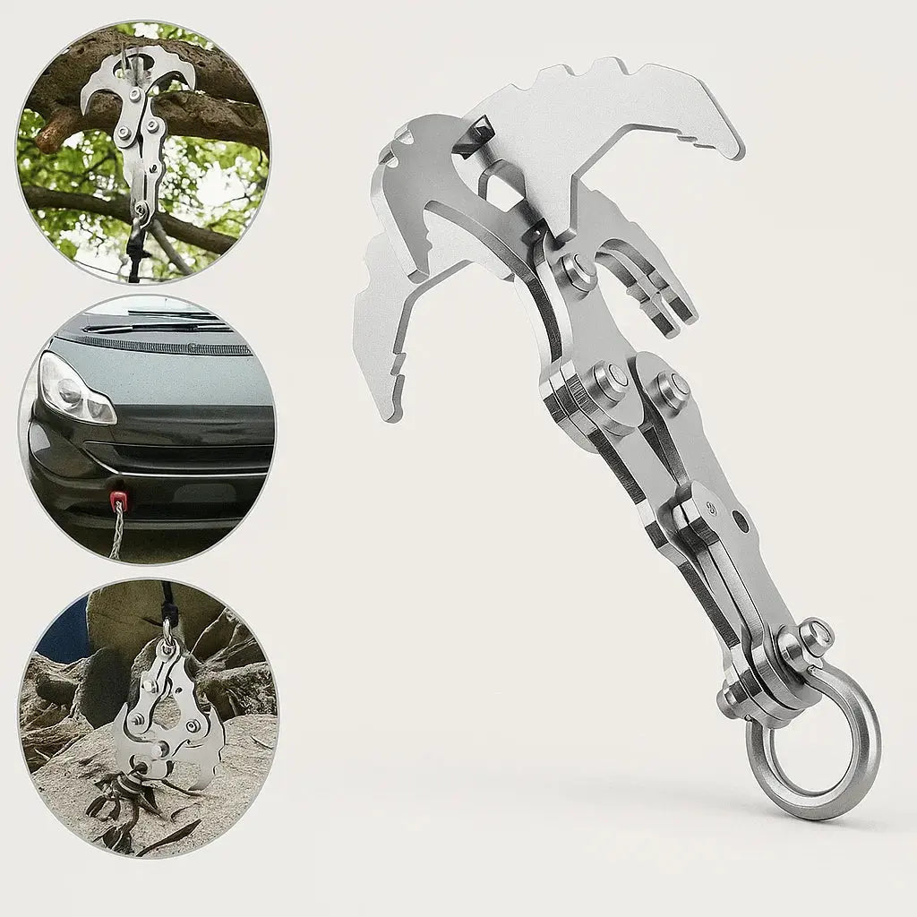 Compact stainless steel multi-purpose outdoor hook with auto-grip claw