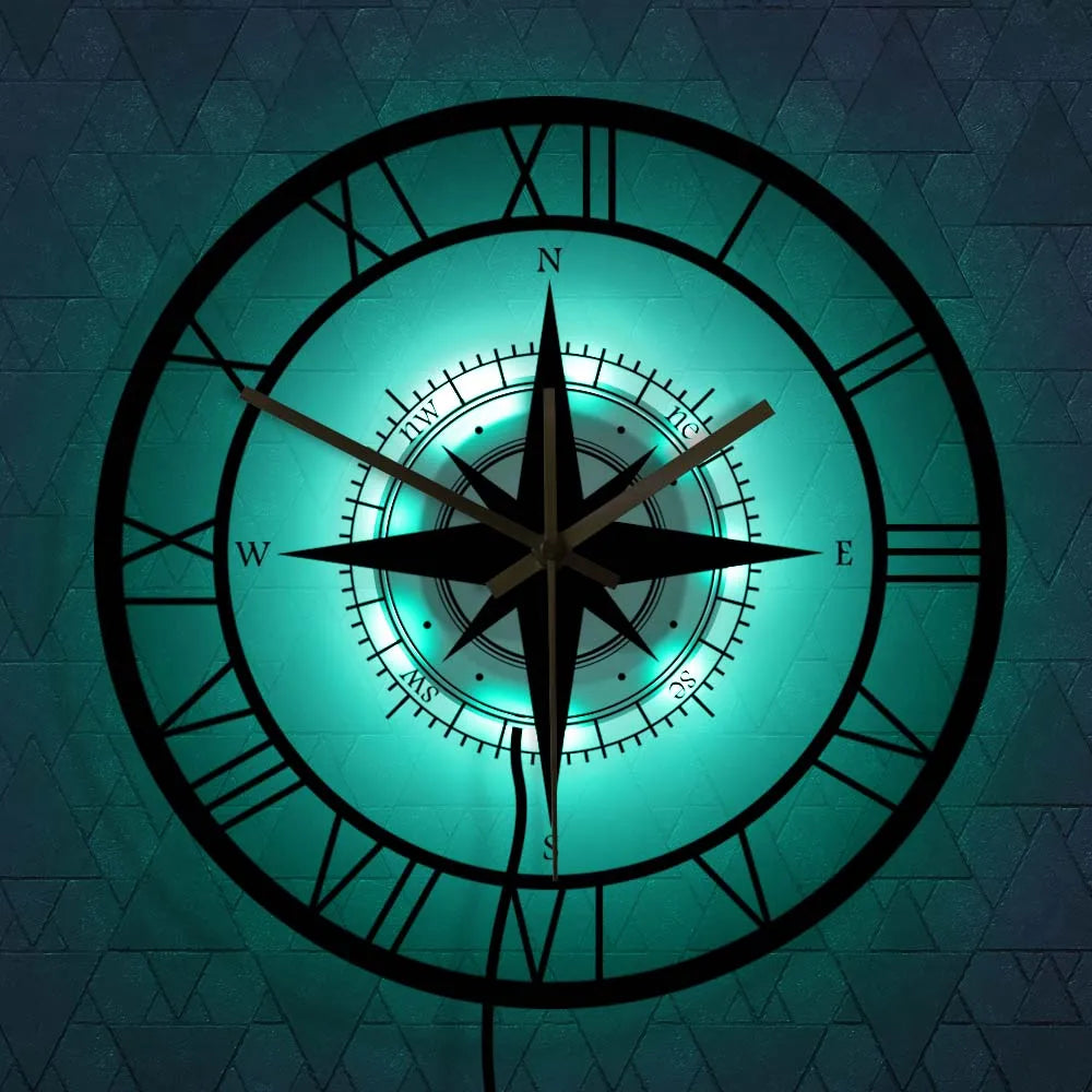 Decorative Silent Wall Clock with Acrylic Compass – Modern Nautical Design