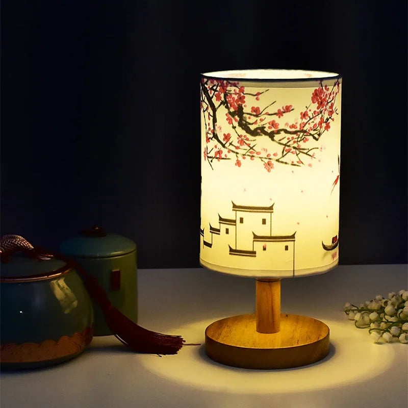 Dimmable LED bedside lamp with fabric shade in plum blossom – Perfect bedroom night lamp