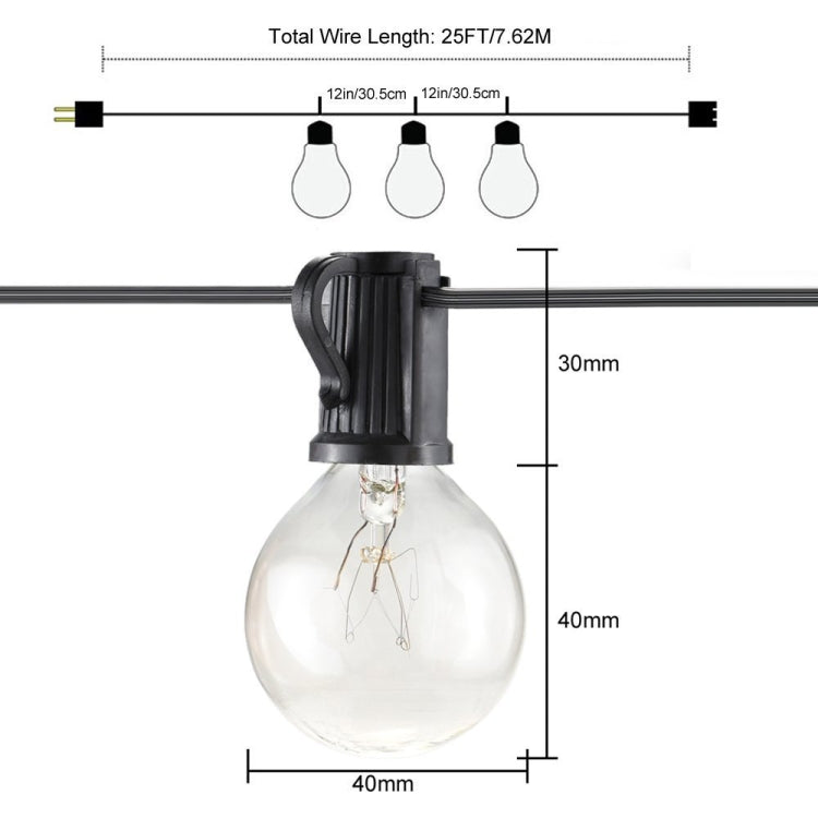 G40-EU-25 G40 7.6m 175W E12 IP44 waterproof Retro Filament light bulbs string, 25 light bulbs LED decorative lamp for garden, construction, bar, party, wedding, AC 220V, EU plug (Warm White)