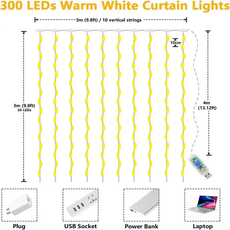 Luminora LED Gordijnverlichting – 300 Warmwitte Lampjes met Afstandsbediening, USB & Timerfunctie (IP65 Waterdicht)