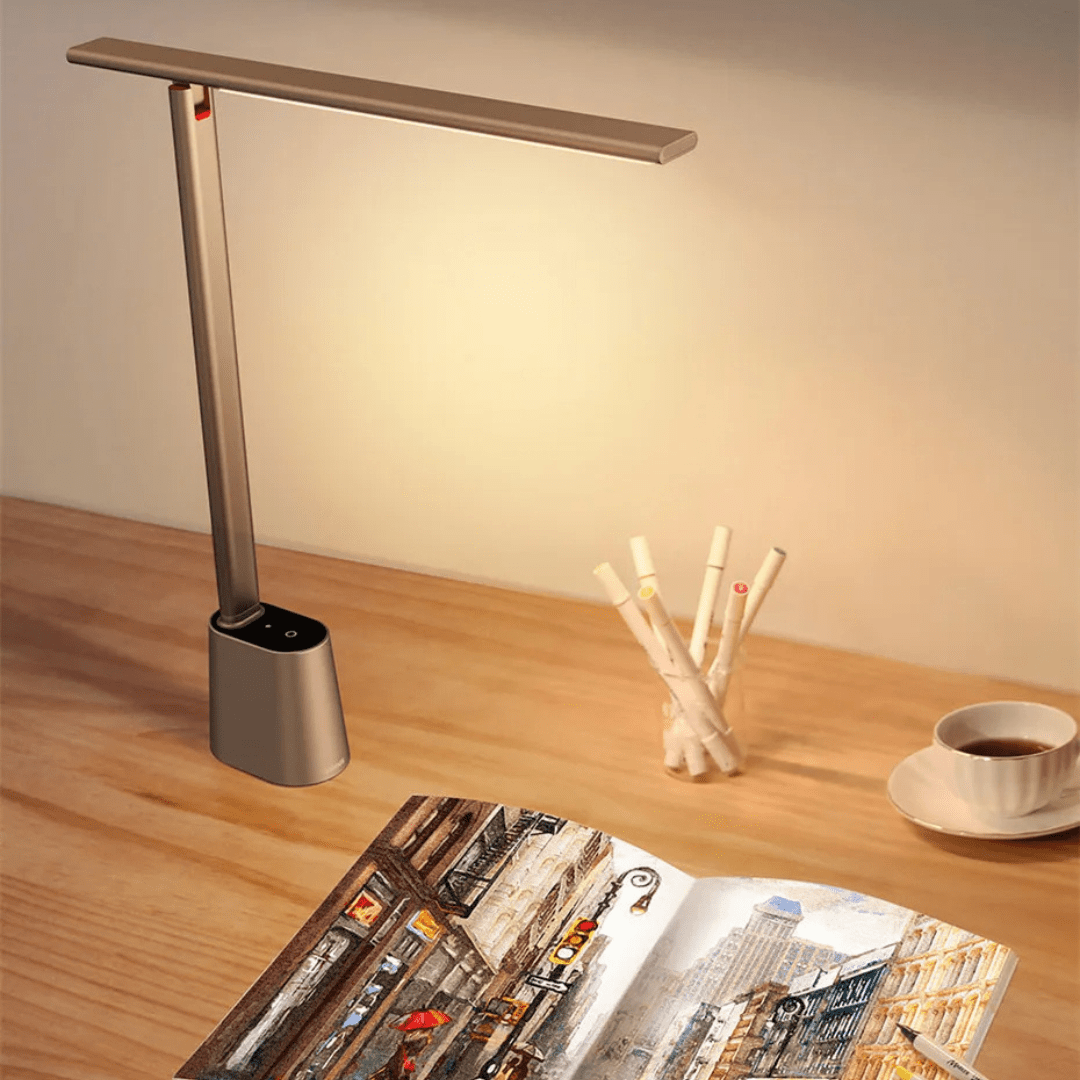 Intelligent, foldable LED desk lamp with battery & dimming function