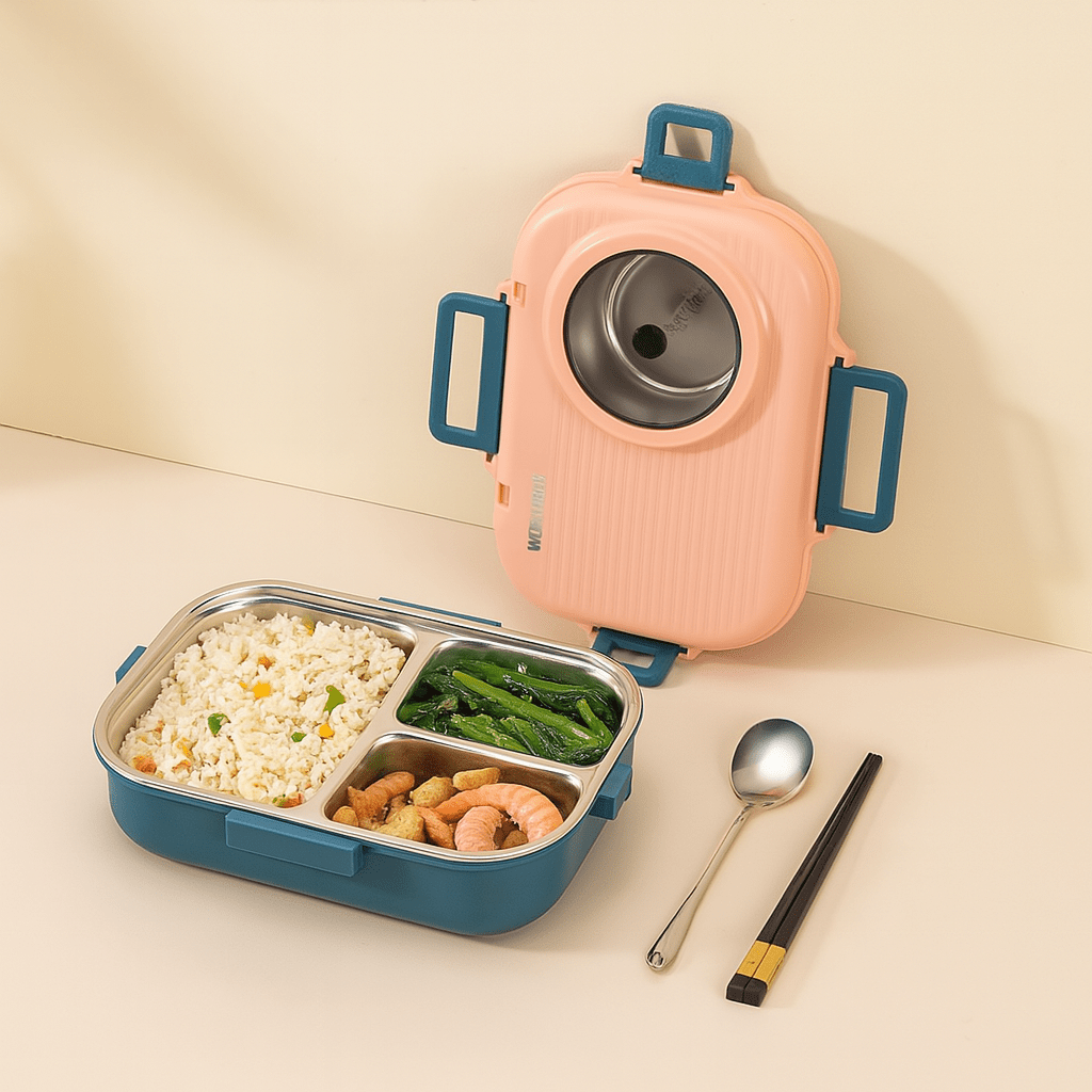 Stainless Steel Lunchbox with Leak-Proof Lid and 3-Compartment Divider System
