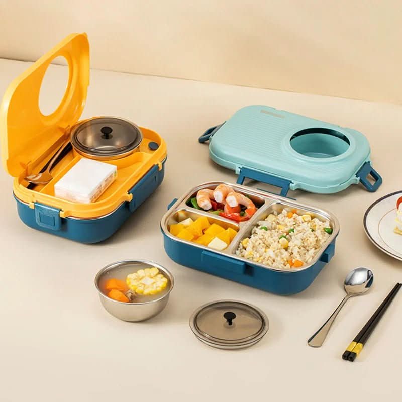 Stainless Steel Lunchbox with Leak-Proof Lid and 3-Compartment Divider System