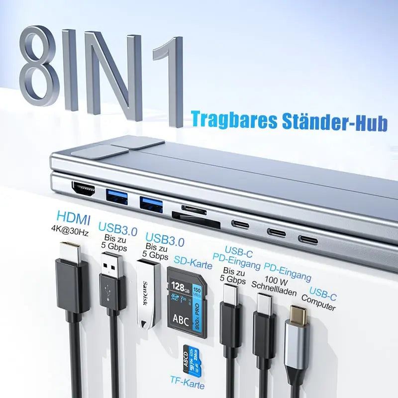Foldable laptop stand with 8-in-1 hub – For tech enthusiasts & fast charging fans