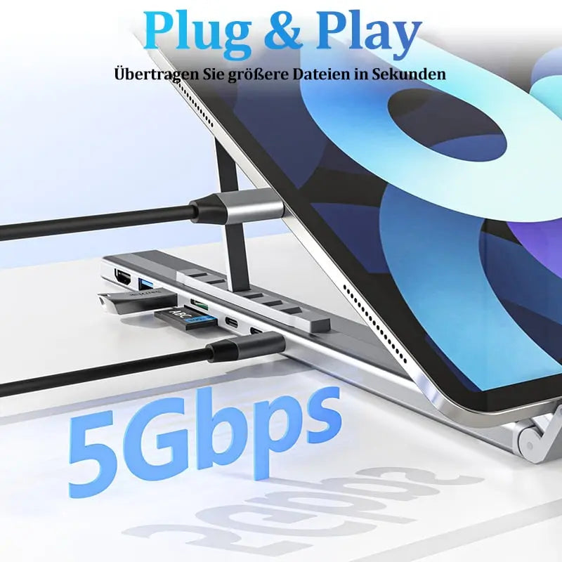 Foldable laptop stand with 8-in-1 hub – For tech enthusiasts & fast charging fans