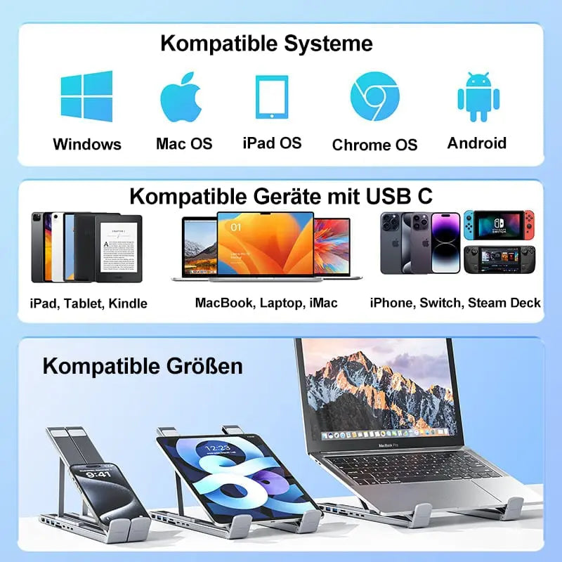 Foldable laptop stand with 8-in-1 hub – For tech enthusiasts & fast charging fans