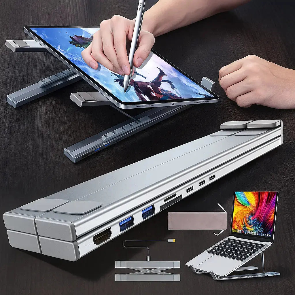 Foldable laptop stand with 8-in-1 hub – For tech enthusiasts & fast charging fans