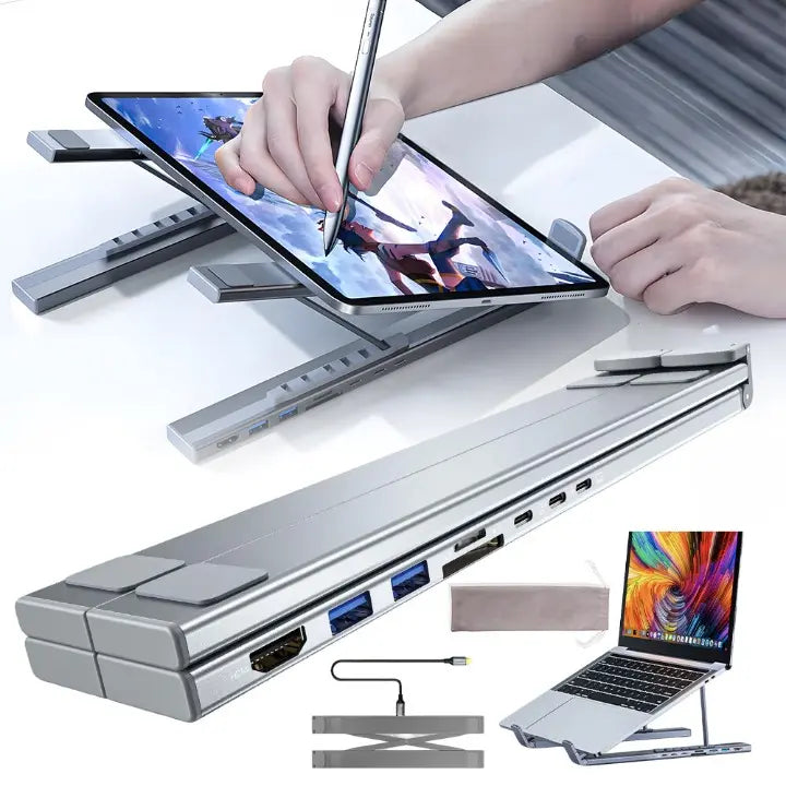 Foldable laptop stand with 8-in-1 hub – For tech enthusiasts & fast charging fans