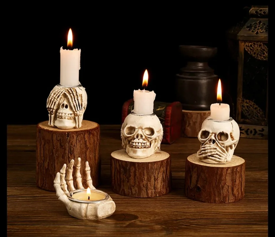 GothicGlow 3pc Halloween Skull Candle Holder Set