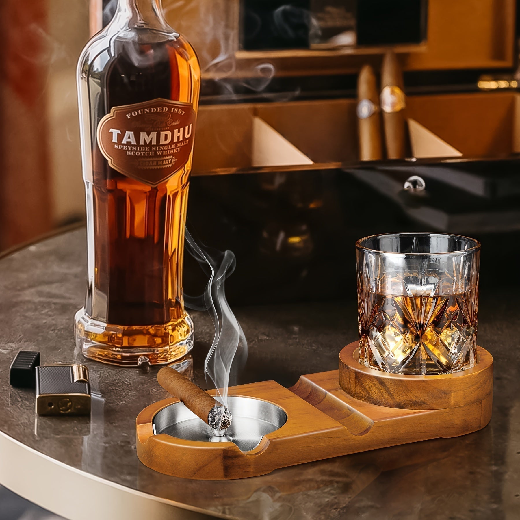CigarOak Ashtray with Whiskey Holder – Luxury Wooden Bowl for Cigar Enthusiasts