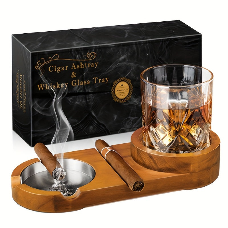 CigarOak Ashtray with Whiskey Holder – Luxury Wooden Tray for Cigar Lovers