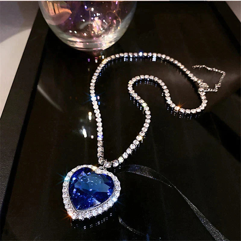 Seductive Blue Crystal Heart Necklace | Timeless Elegance and Style
