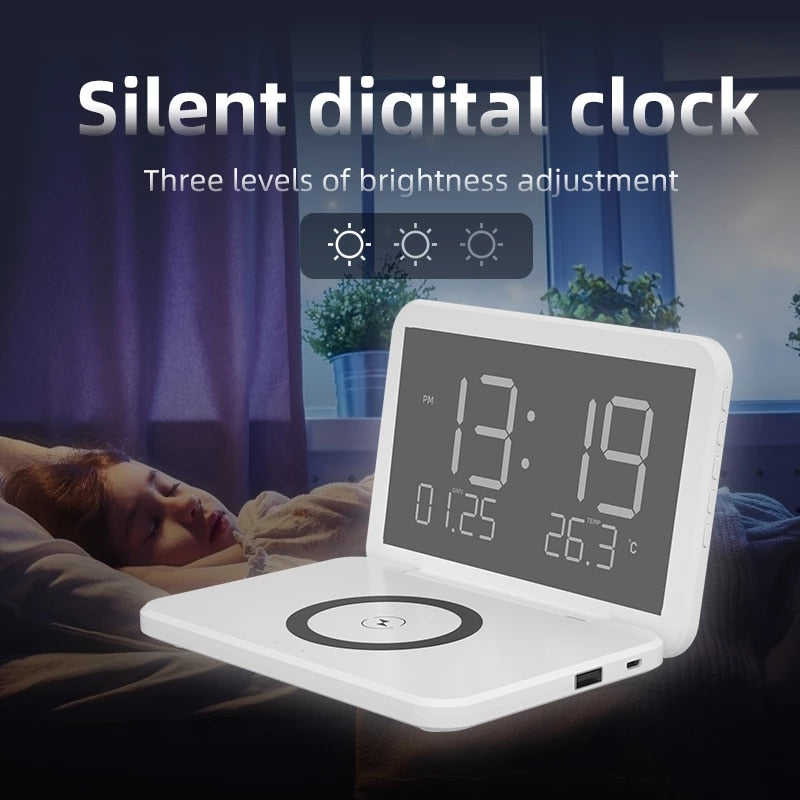 15W Fast Wireless Charging Digital Alarm Clock with Temperature light