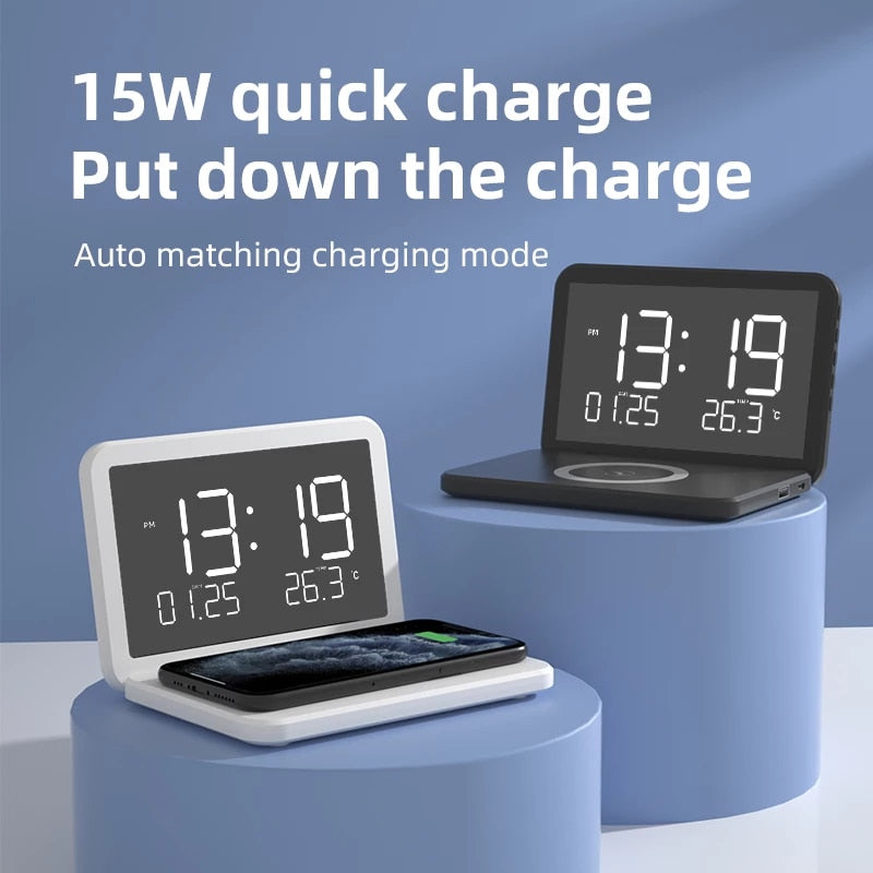 15W Fast Wireless Charging Digital Alarm Clock with Temperature light