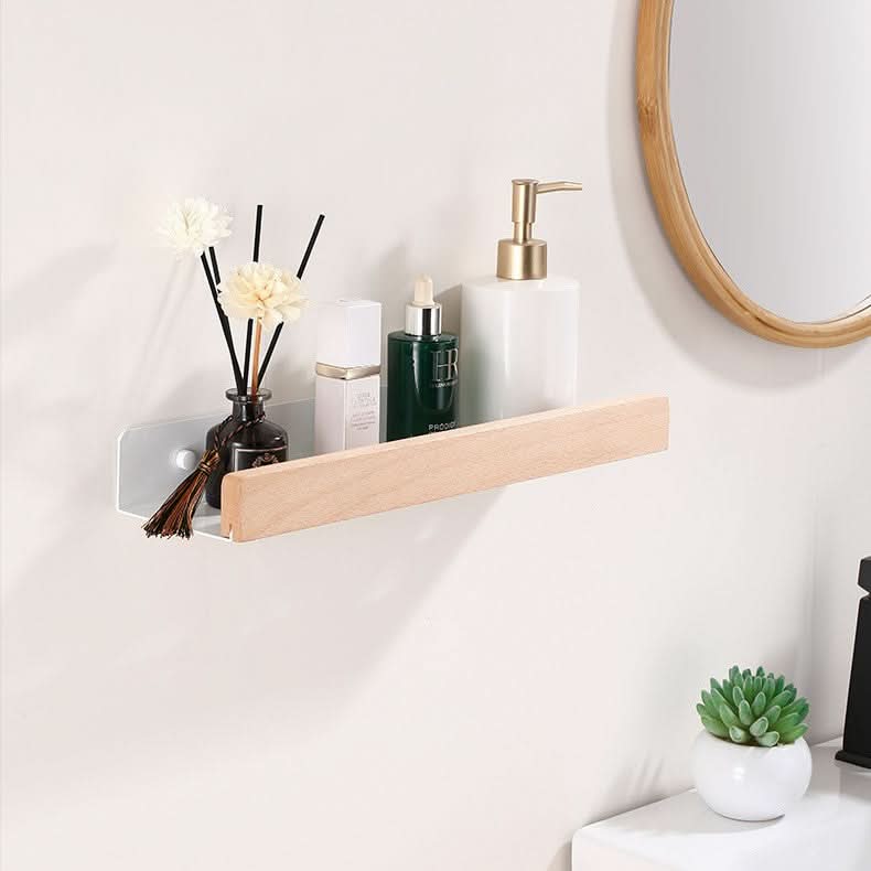 Woodify Towel Rack – No-Drill Wall-Mounted Shower Shelf with Wooden Accents