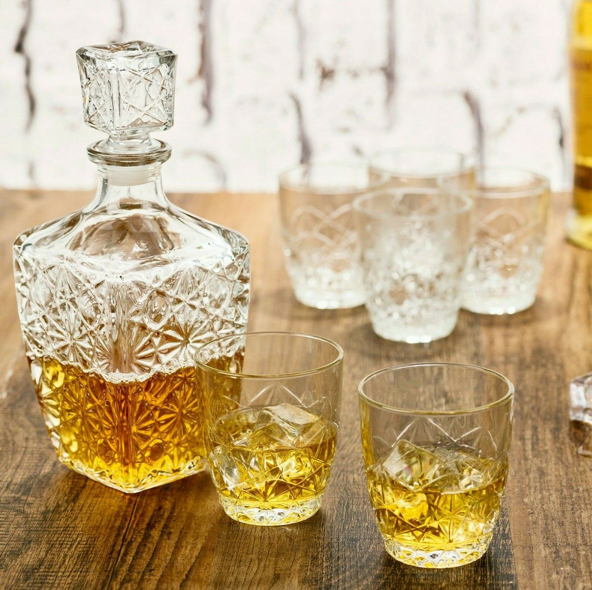 Luxury whiskey decanter with elegant glasses