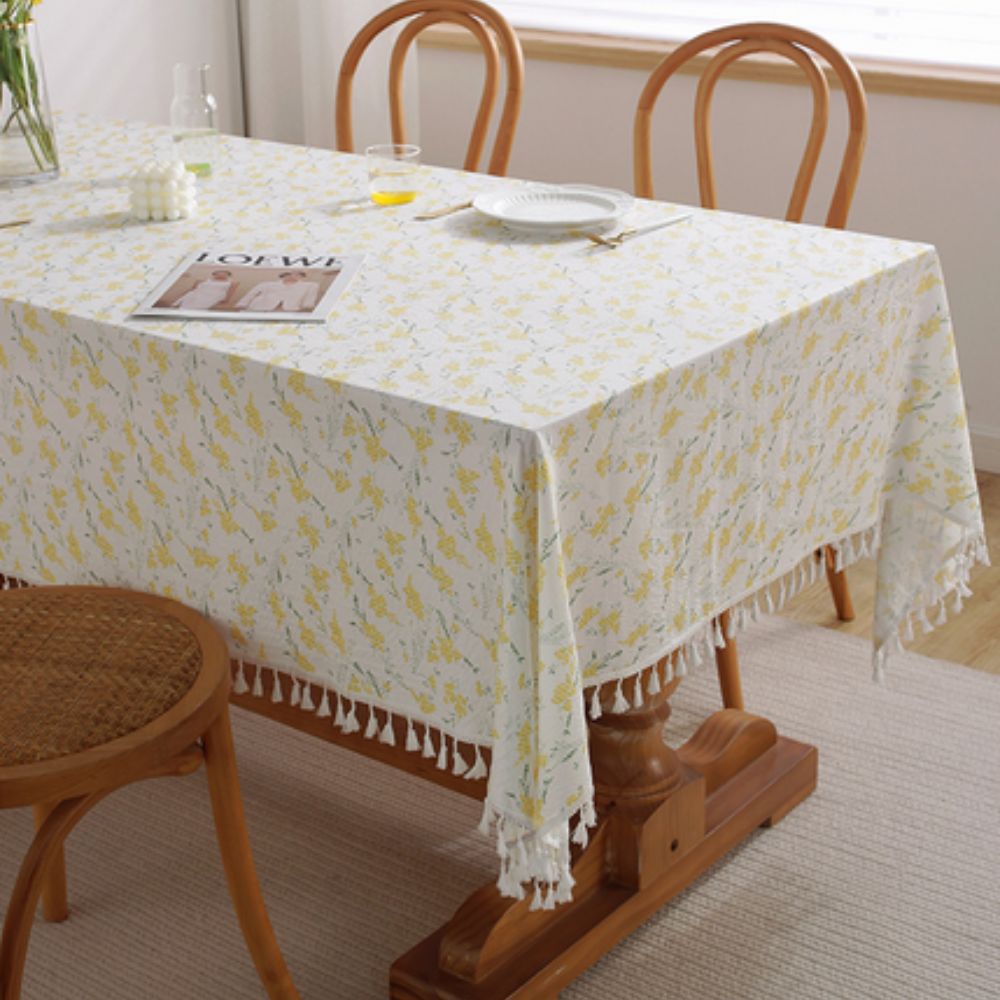 Cotton Tablecloth with Floral Pattern and Tassel Trim
