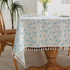 Cotton Tablecloth with Floral Pattern and Tassel Trim