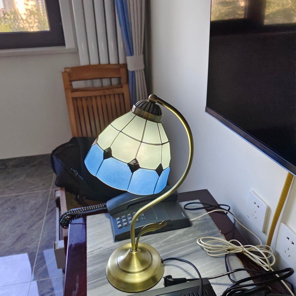 LuxePetal – White and Blue Glass Floral Table Lamp in Gold