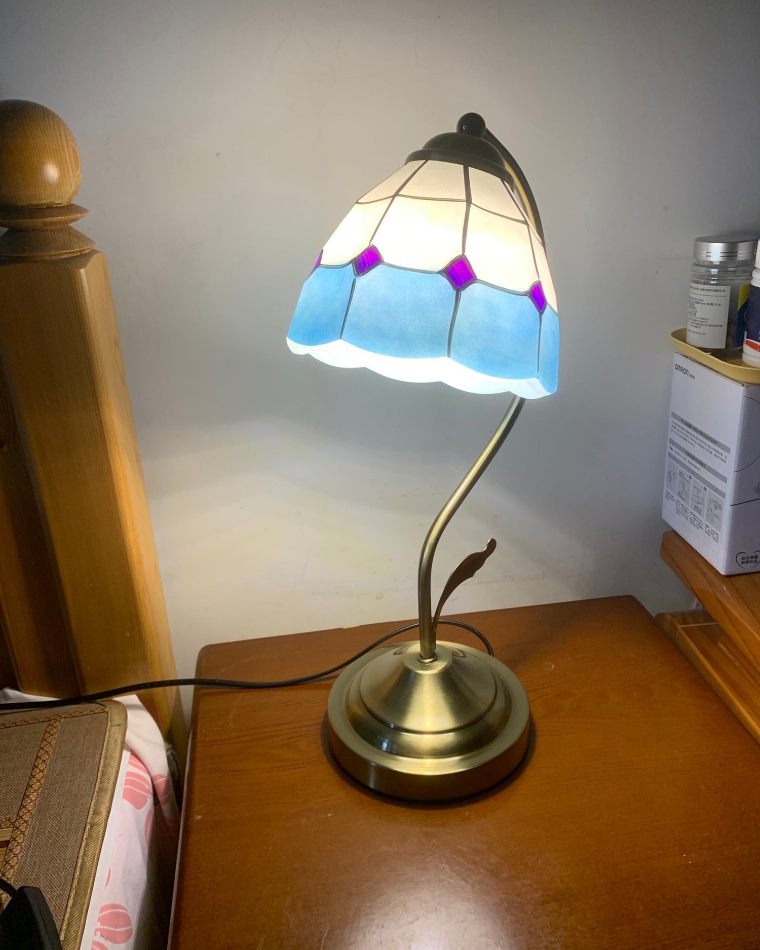 LuxePetal – White and Blue Glass Floral Table Lamp in Gold