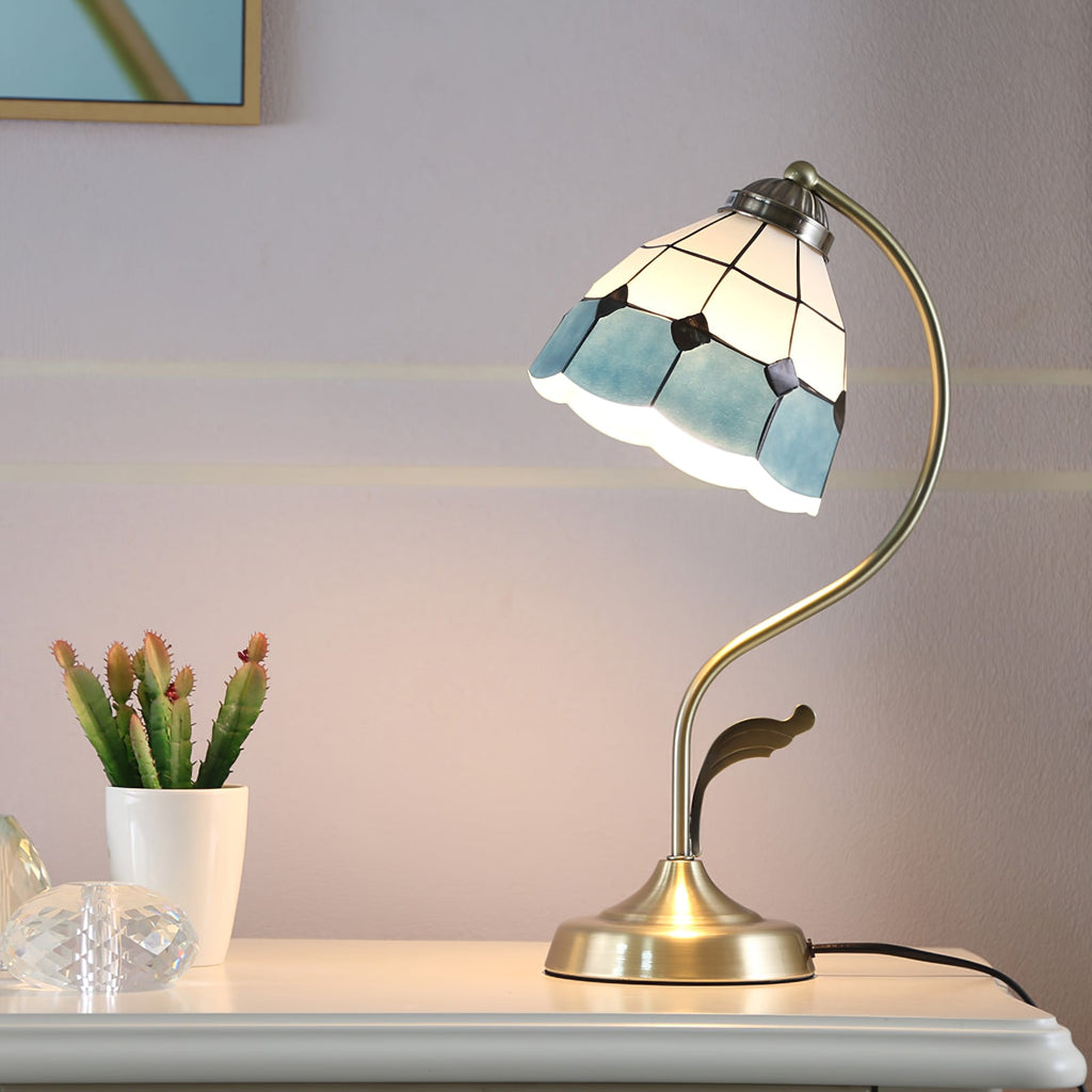 LuxePetal – White and Blue Glass Floral Table Lamp in Gold