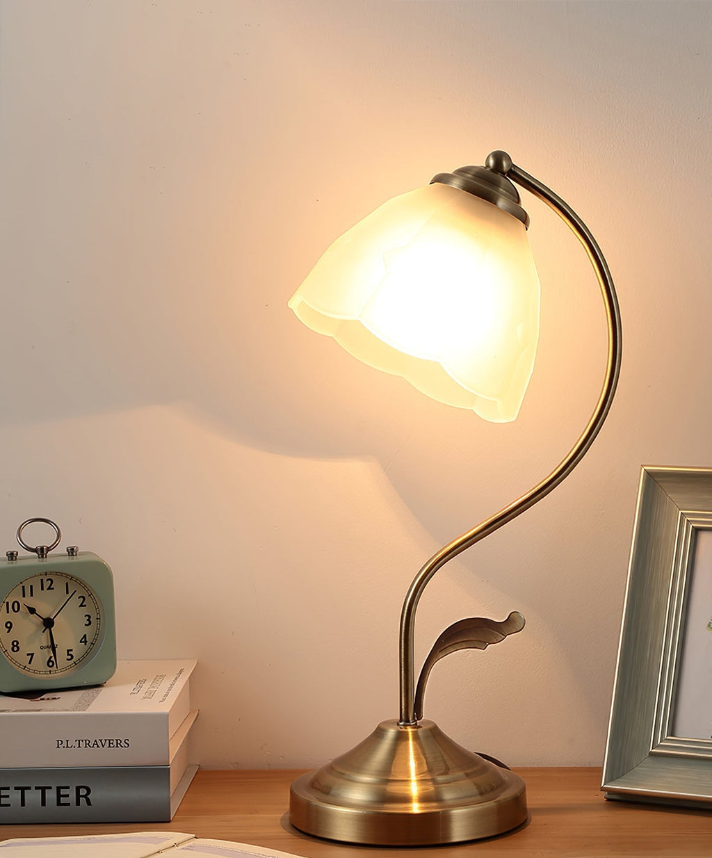 LuxePetal – White and Blue Glass Floral Table Lamp in Gold