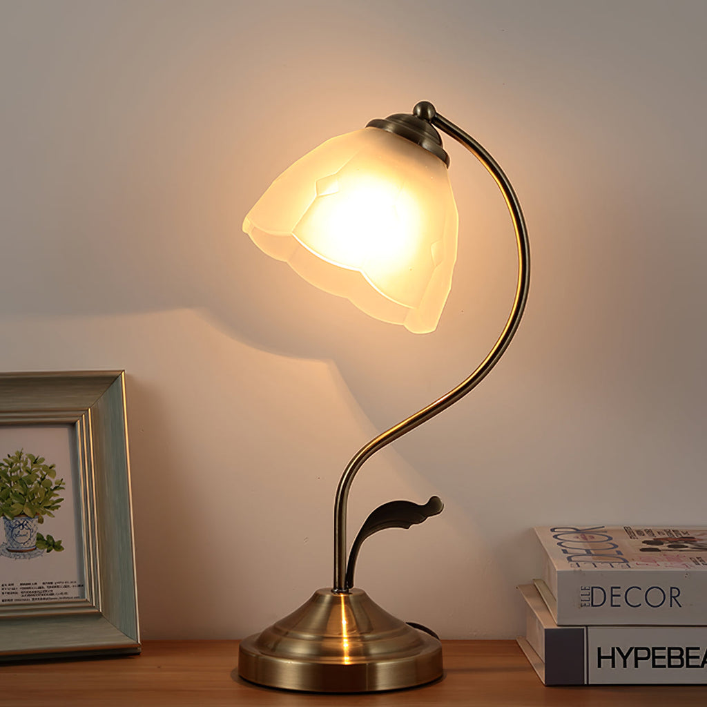 LuxePetal – White and Blue Glass Floral Table Lamp in Gold