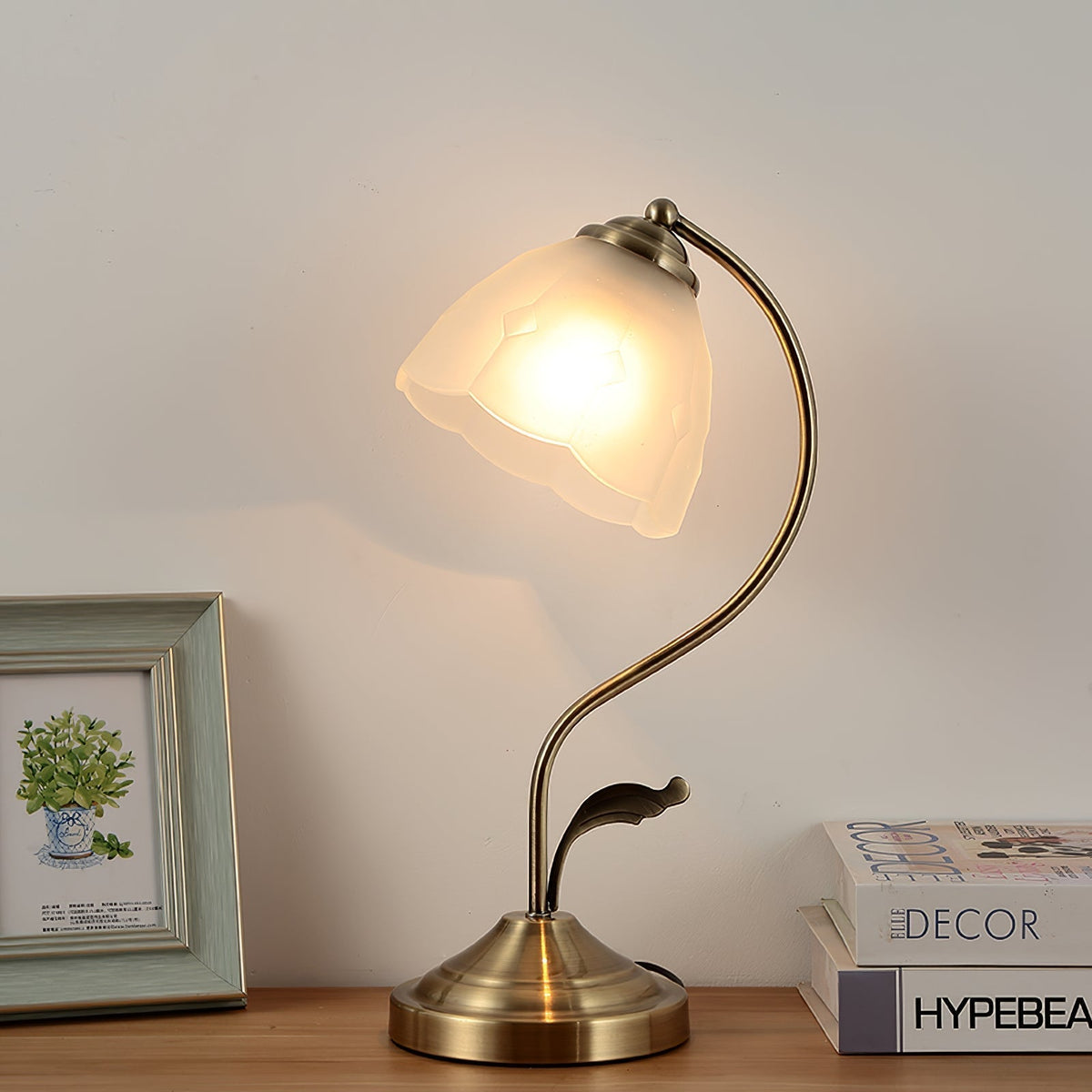 LuxePetal – White and Blue Glass Floral Table Lamp in Gold