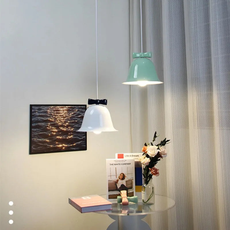 Modern bell-shaped pendant light with bow, designer hanging lamp for dining room & kitchen