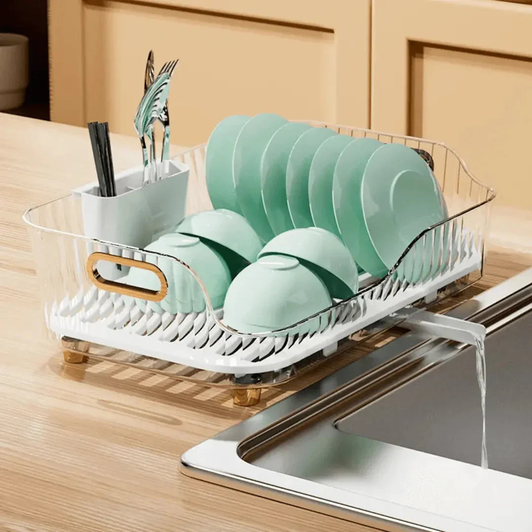 Dish Drying Rack with Drainage System, Detachable Drip Tray and Compact Design